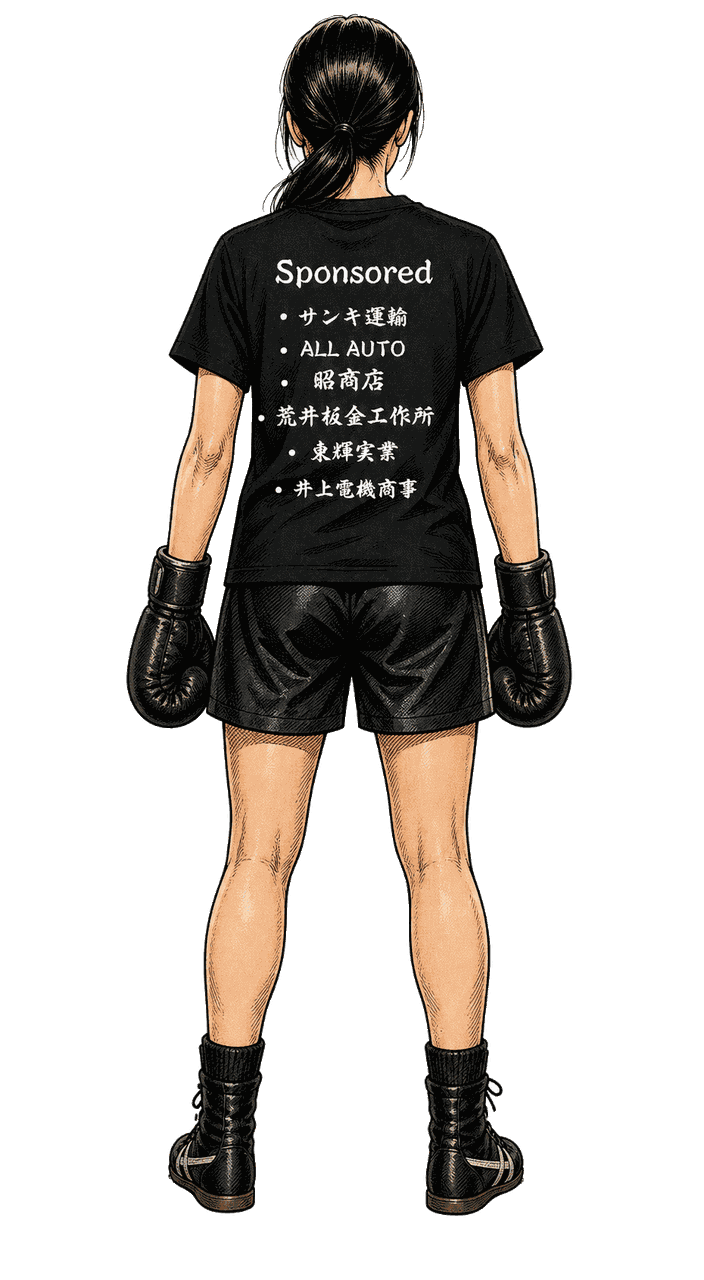 背面スポンサーTシャツを着たキャラクター
